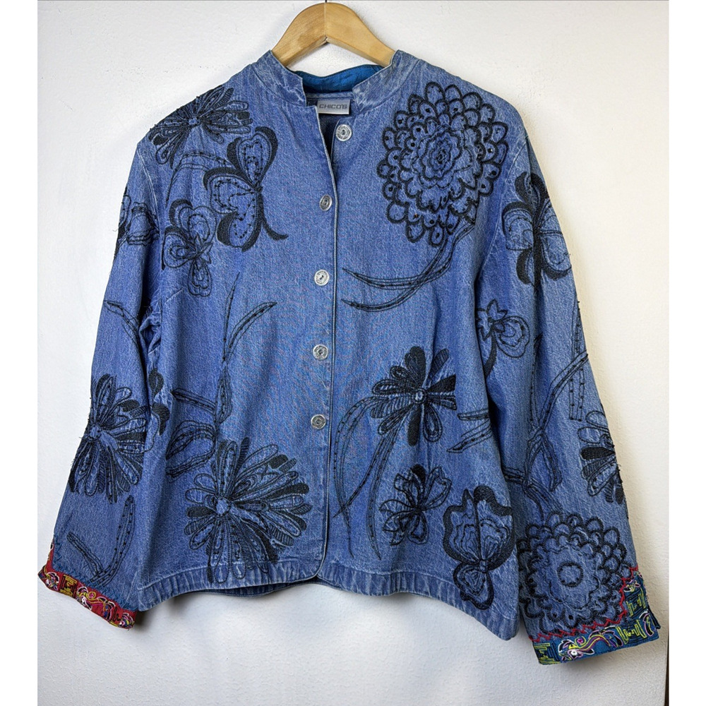 Chico's Design Southwest Embroidered Floral Lt Denim Jacket Large Boho victorian - Picture 2 of 16
